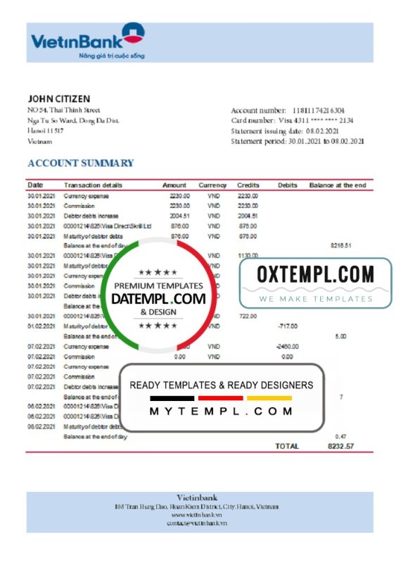 editable template, Vietnam Vietinbank bank statement template in Excel and PDF format