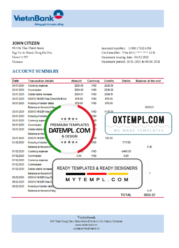 editable template, Vietnam Vietinbank bank statement template in Excel and PDF format
