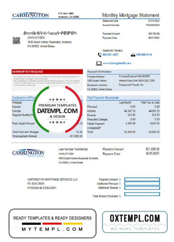 editable template, USA Carrington Mortgage Services bank statement easy to fill template in .xls and .pdf file format
