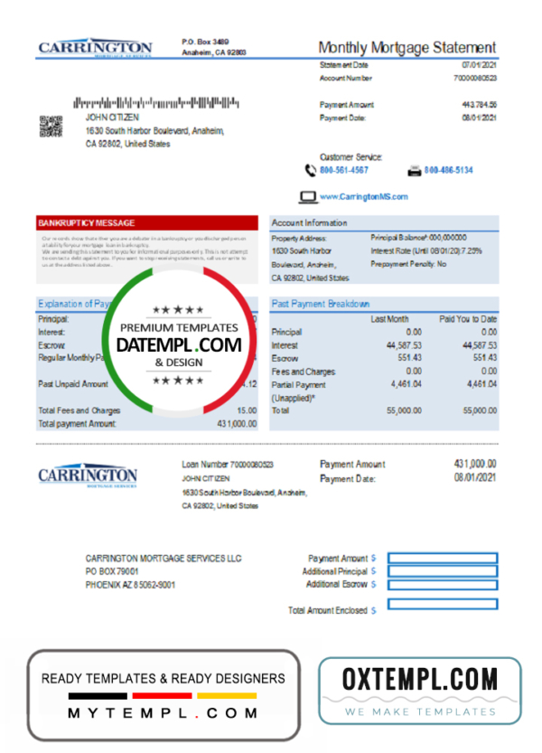 editable template, USA Carrington Mortgage Services bank statement easy to fill template in .xls and .pdf file format