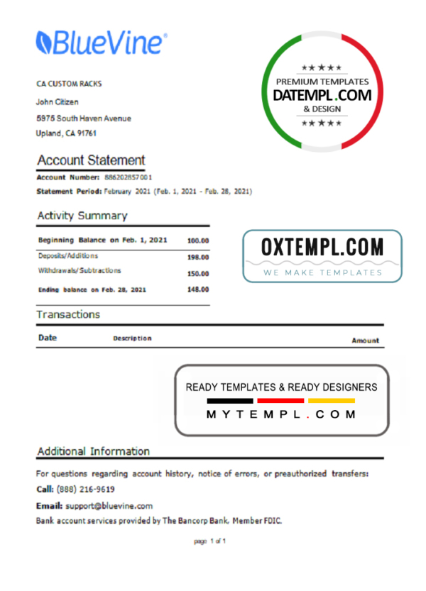 editable template, USA California BlueVine bank statement template in Word and PDF format, .doc and .pdf format
