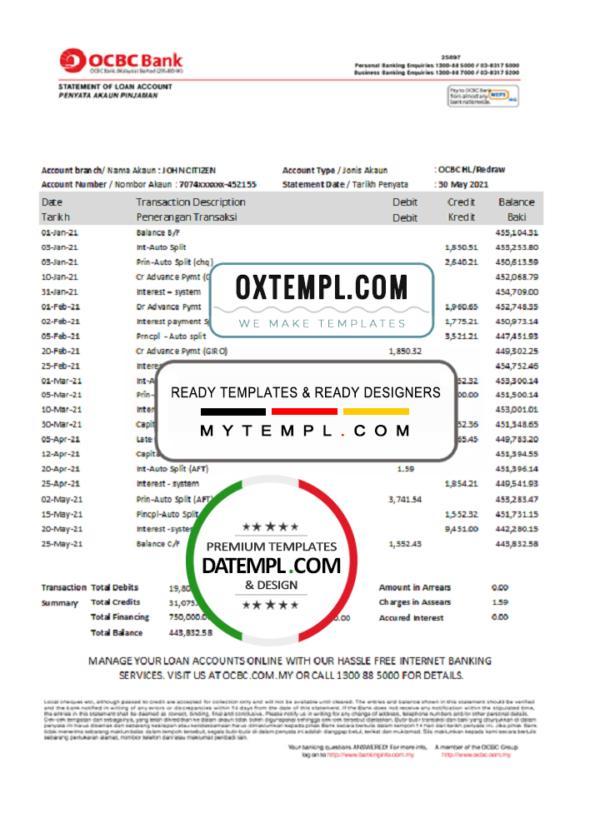 editable template, Singapore OCBC Bank statement template in Excel and PDF format