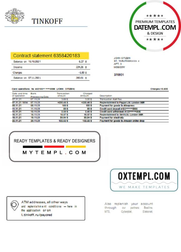 editable template, Russia Tinkoff bank proof of address statement (English version) template in Word and PDF format