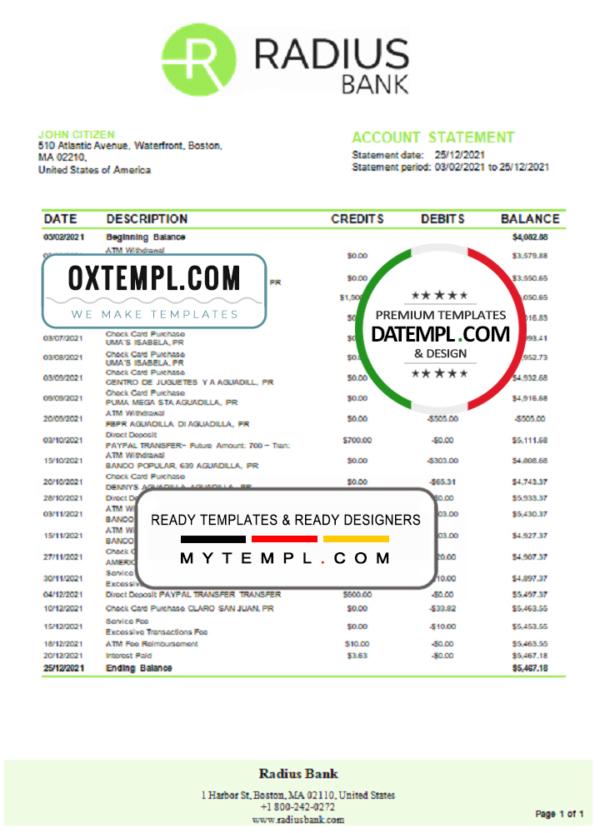 editable template, USA Massachusetts Radius Bank statement template in Word and PDF format