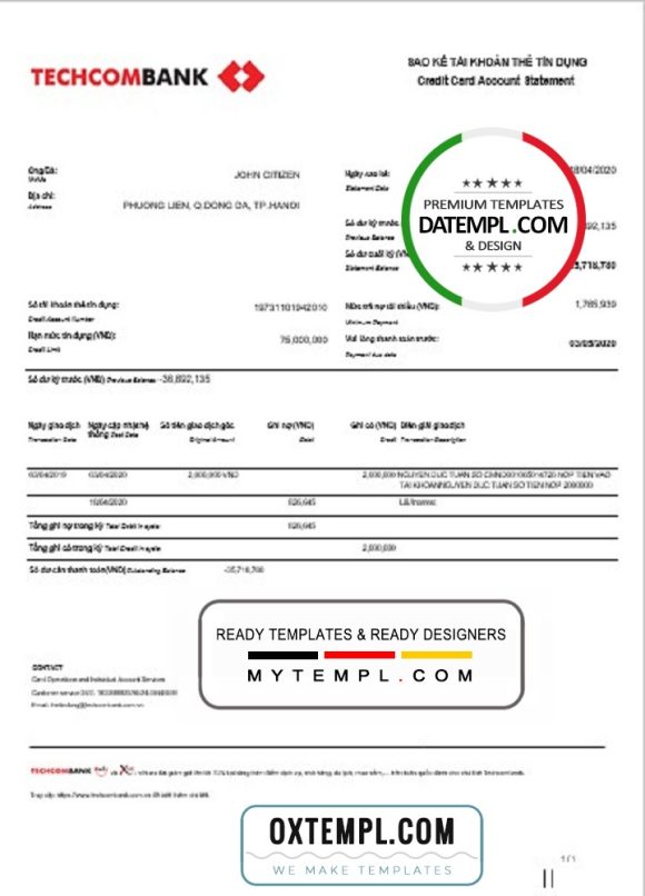 editable template, Vietnam Techcombank account statement template in Word and PDF format
