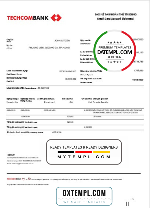 editable template, Vietnam Techcombank account statement template in Word and PDF format