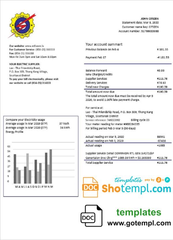 editable template, Laos Electricite du Laos electricity utility bill template in Word and PDF format