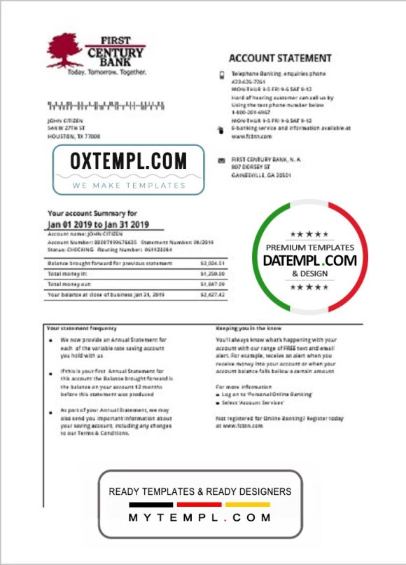 editable template, USA Georgia Gainesville First Century bank proof of address statement template in Word and PDF format