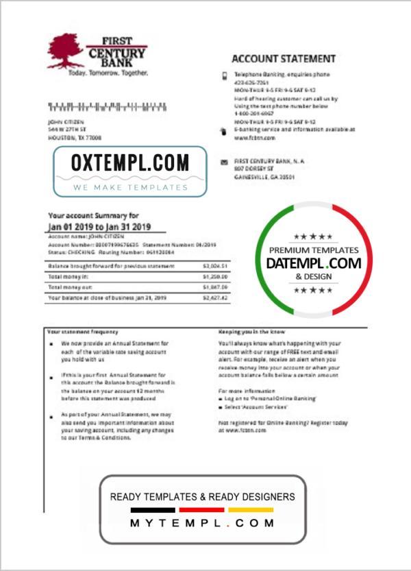 editable template, USA Georgia Gainesville First Century bank proof of address statement template in Word and PDF format