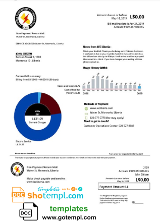 editable template, Liberia Electricity Corporation utility bill template in Word and PDF format