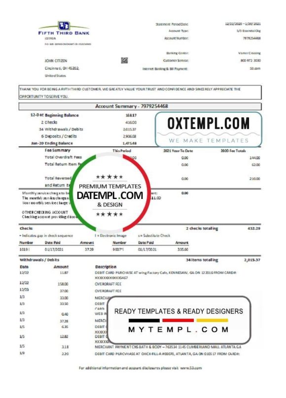 editable template, USA Fifth Third Bank statement easy to fill template in .xls and .pdf file format