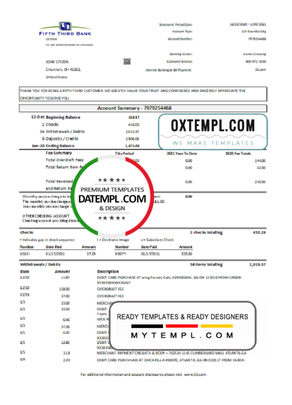 editable template, USA Fifth Third Bank statement easy to fill template in .xls and .pdf file format