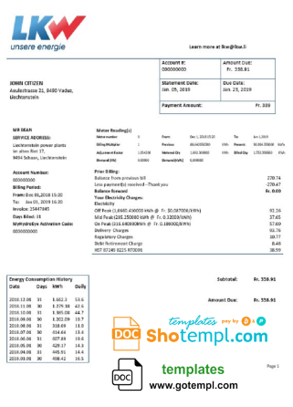 editable template, Liechtenstein Ische Kraftwerke (LKW) electricity utility bill template in Word and PDF format