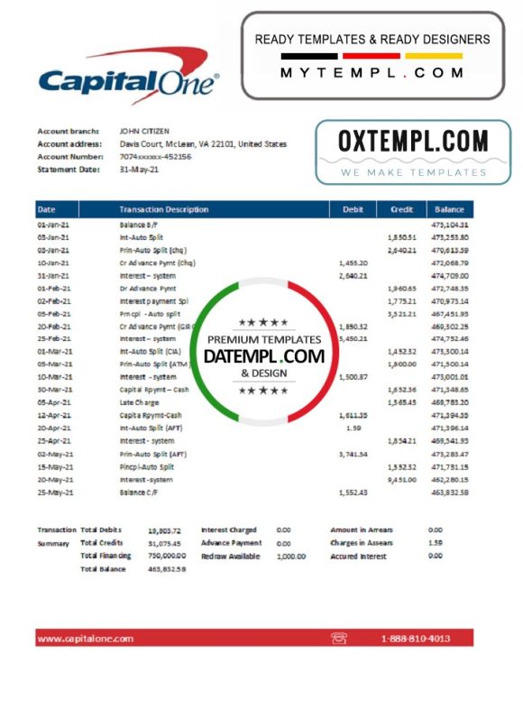 editable template, USA Capital One bank statement easy to fill template in Excel and PDF format