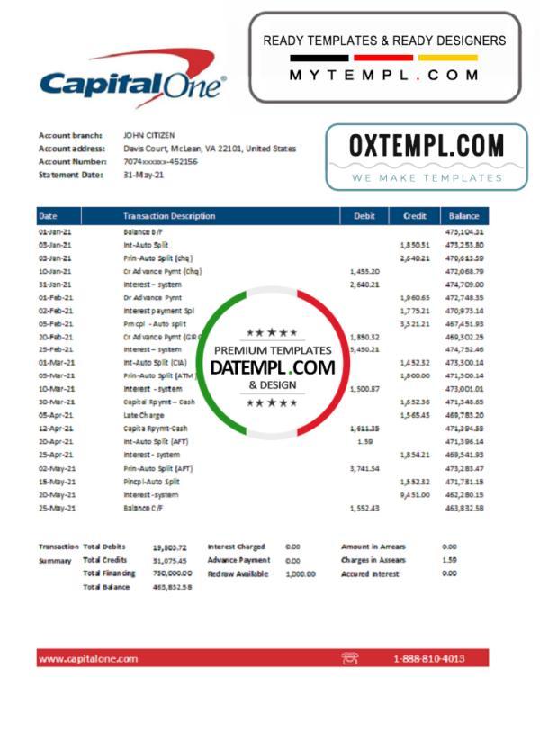 editable template, USA Capital One bank statement easy to fill template in Excel and PDF format