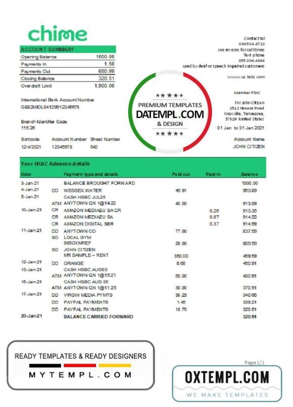editable template, USA San Francisco Chime bank statement template in Excel and PDF format