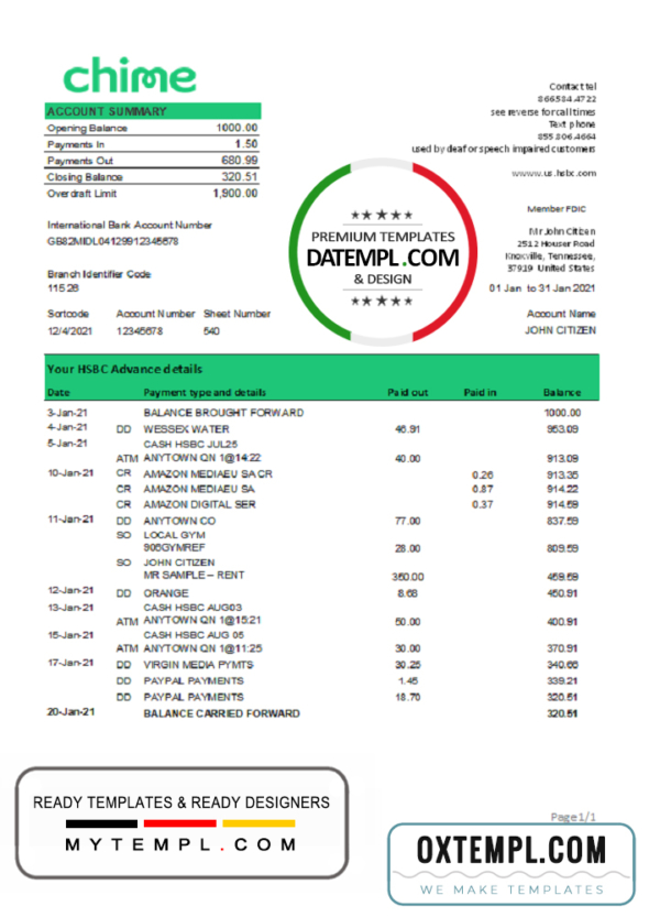 editable template, USA San Francisco Chime bank statement template in Excel and PDF format