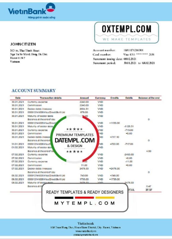editable template, Vietnam Vietinbank bank proof of address statement template in Word and PDF format