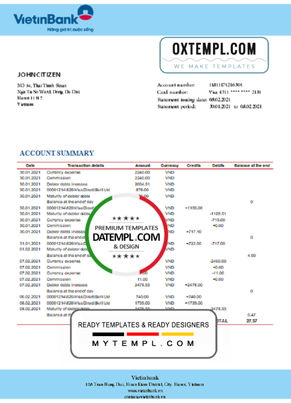 editable template, Vietnam Vietinbank bank proof of address statement template in Word and PDF format