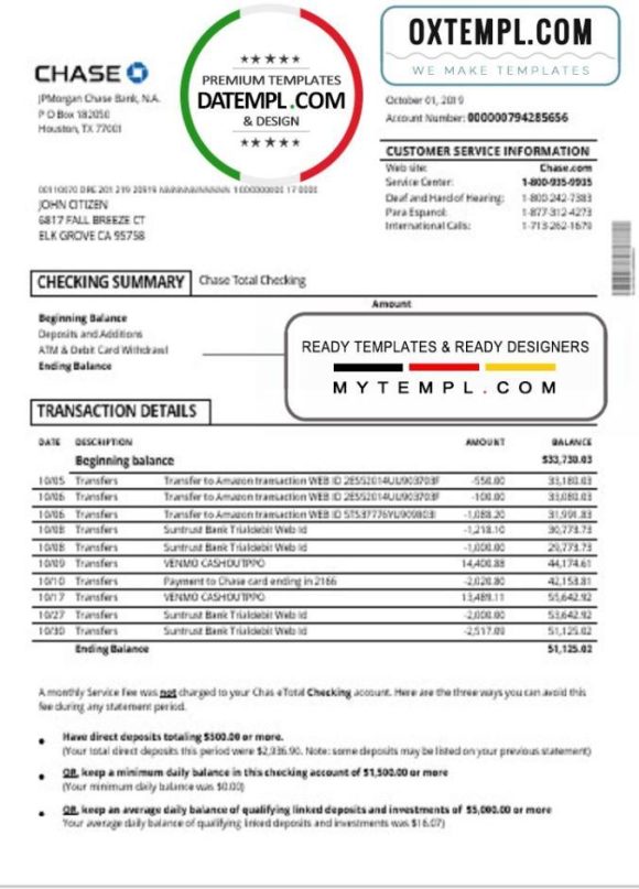 editable template, USA Chase account statement template in Word and PDF format, good for address prove