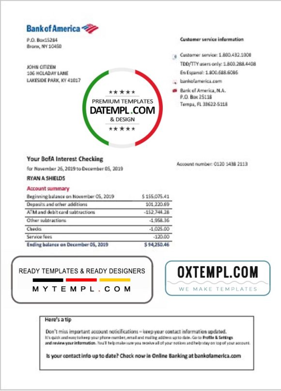 editable template, USA Bank of America bank statement easy to fill template in Word and PDF format