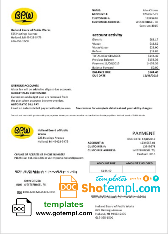 editable template, Netherlands BPW utility bill template in Word and PDF format