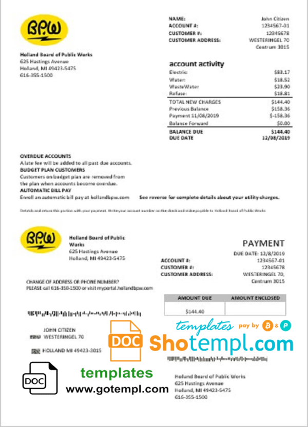 editable template, Netherlands BPW utility bill template in Word and PDF format