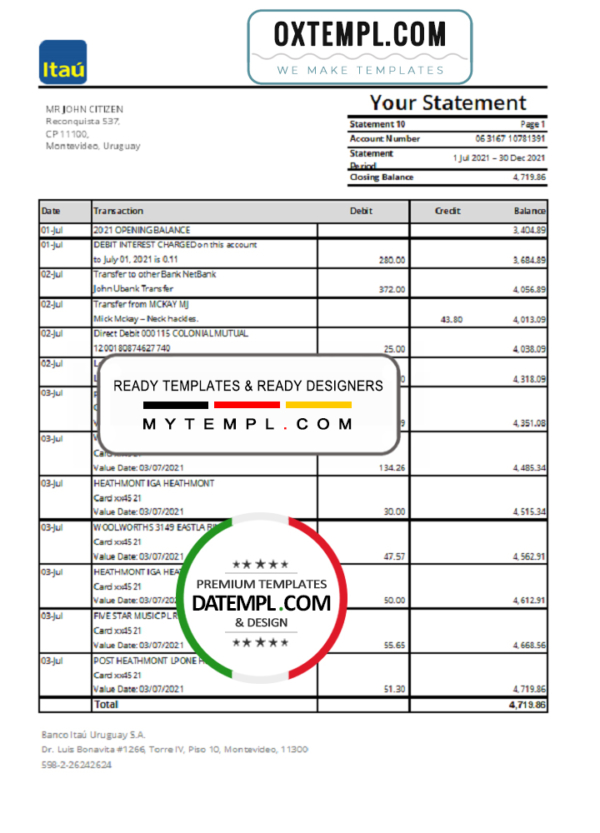 editable template, Uruguay Itau Bank statement template in .xls and .pdf file format