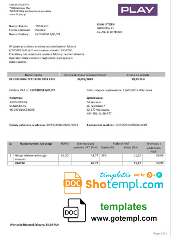 editable template, Poland Play utility bill template in Word and PDF format