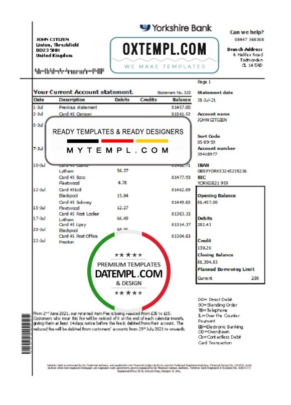 editable template, United Kingdom Yorkshire bank statement easy to fill template in Excel and PDF format