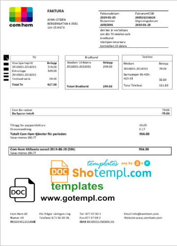 editable template, Sweden Com Hem utility bill template in Word and PDF format
