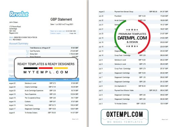editable template, United Kingdom Revolut Bank statement easy to fill template in Excel and PDF format (3 pages)