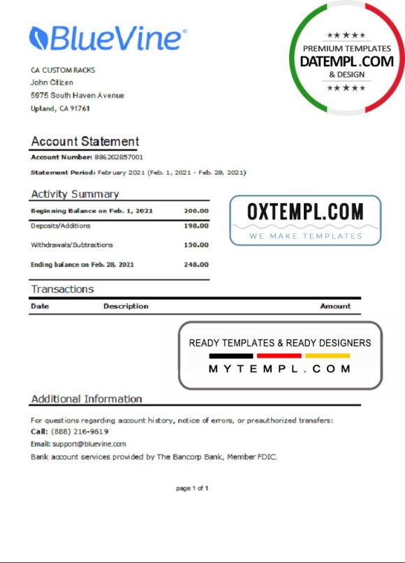 editable template, USA California BlueVine bank statement easy to fill template in .xls and .pdf file format