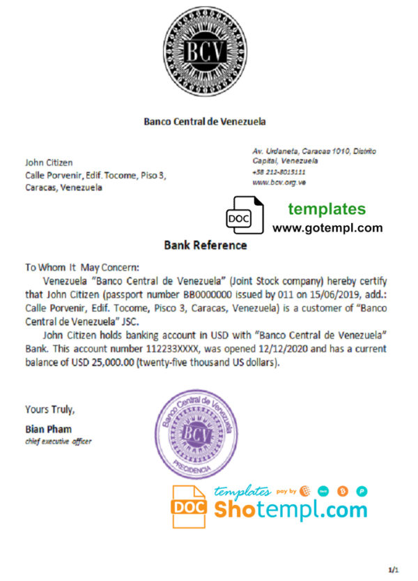 editable template, Venezuela Banco Central de Venezuela bank reference letter template in Word and PDF format
