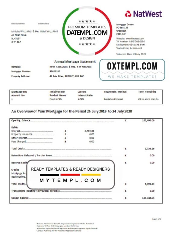 editable template, United Kingdom NatWest bank proof of address statement in Word and PDF format (.doc and .pdf)