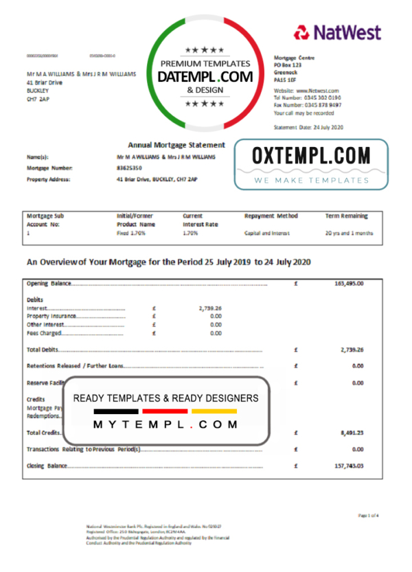 editable template, United Kingdom NatWest bank proof of address statement in Word and PDF format (.doc and .pdf)