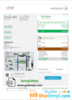 United Arab Emirates Dubai Green utility bill template in Word and PDF format, fully editable
