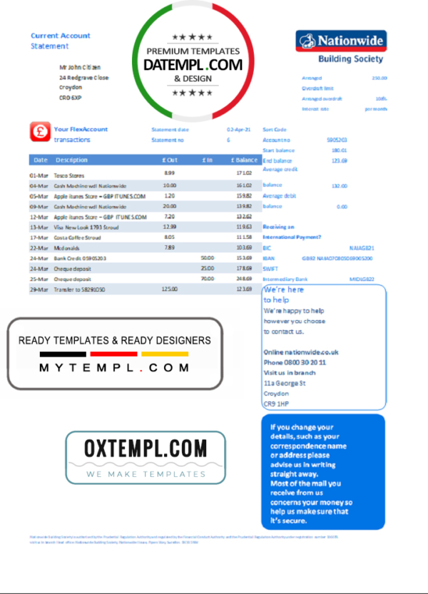 editable template, United Kingdom Nationwide bank statement template in Excel and PDF file format
