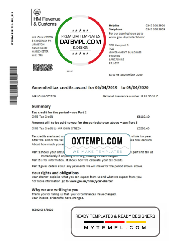 editable template, United Kingdom HM Revenue & Customs tax credits award statement template in Word and PDF format (.doc and .pdf)
