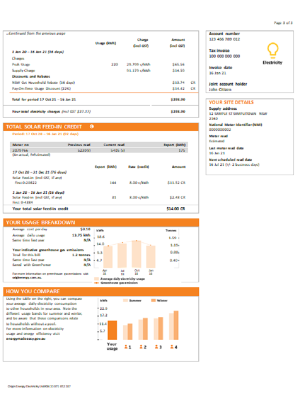 editable template, Australia New South Wales (NSW) Origin electricity utility bill template in Word and PDF format, 3pages