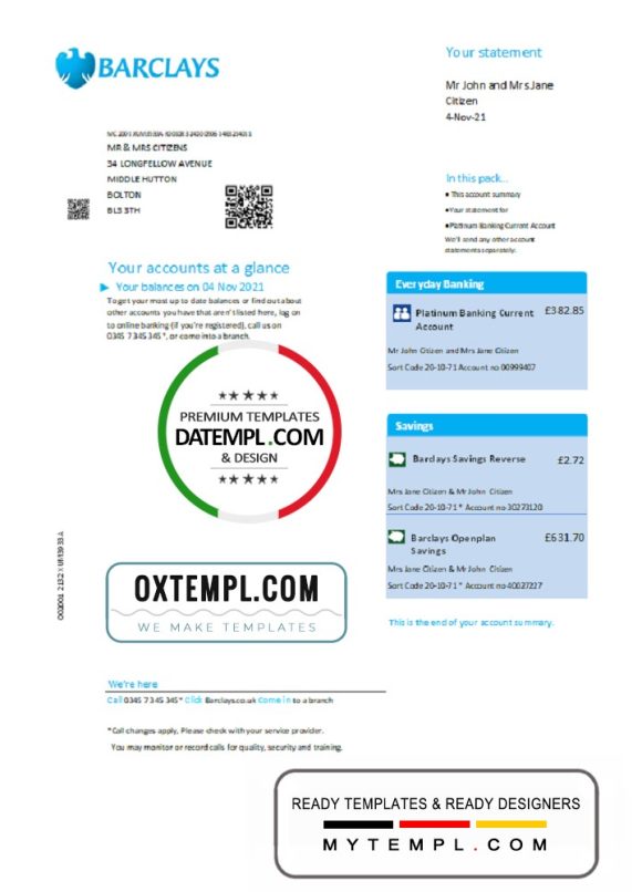 editable template, United Kingdom Barclays bank statement template in .xls and .pdf format, version 2