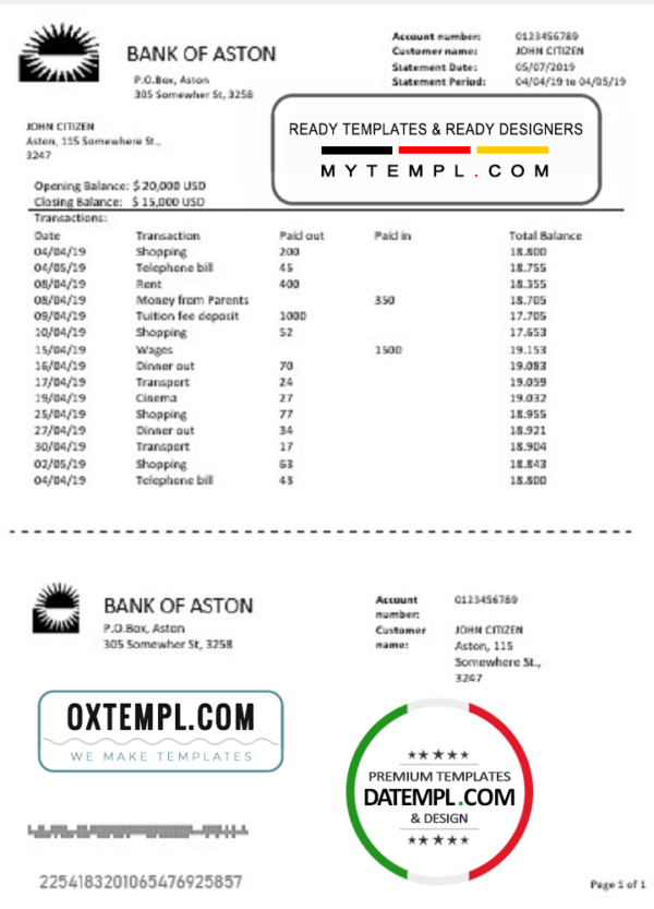 editable template, United Kingdom Bank of Aston bank statement template in Word and PDF format, good for address prove