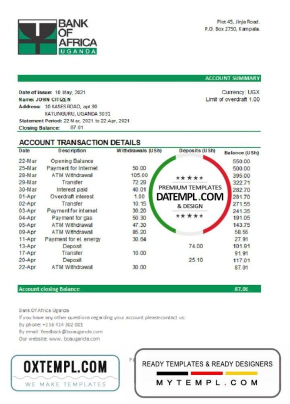 editable template, Uganda Bank of Africa bank statement template in .xls and .pdf file format