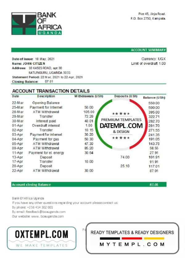 editable template, Uganda Bank of Africa bank statement template in .xls and .pdf file format