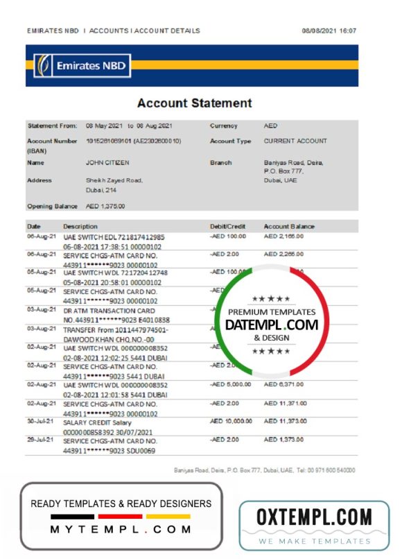 editable template, UAE Dubai Emirates NBD bank statement easy to fill template in Excel and PDF format