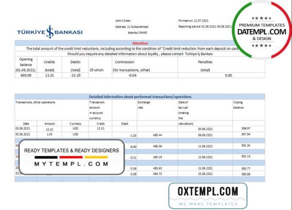editable template, Turkey Bankasi Bank statement easy to fill template in .xls and .pdf format