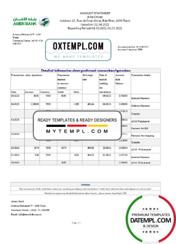 editable template, Tunisia Amen Bank statement easy to fill template in .xls and .pdf file format