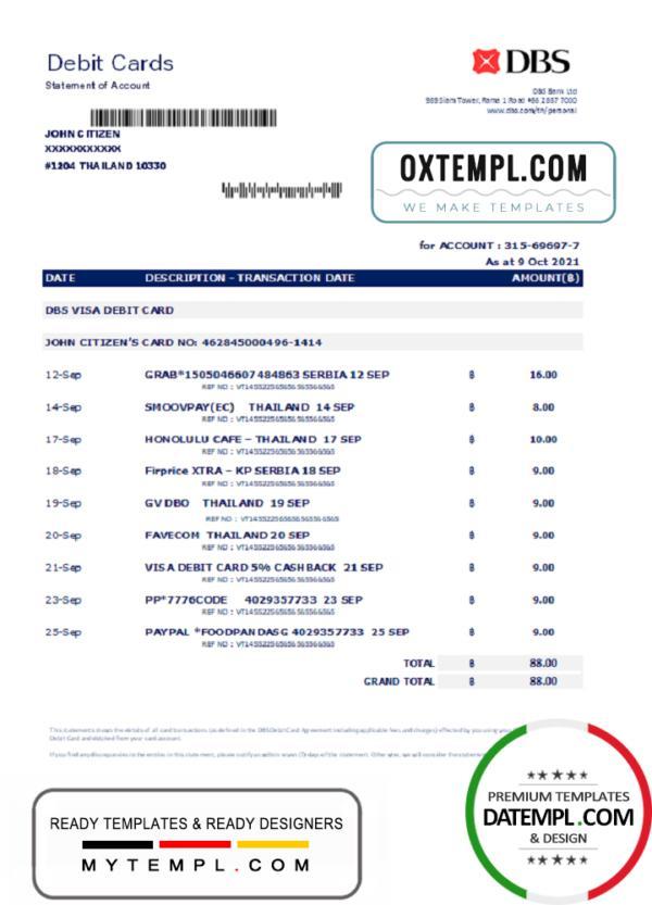 editable template, Thailand DBS bank statement easy to fill template in .xls and .pdf file format