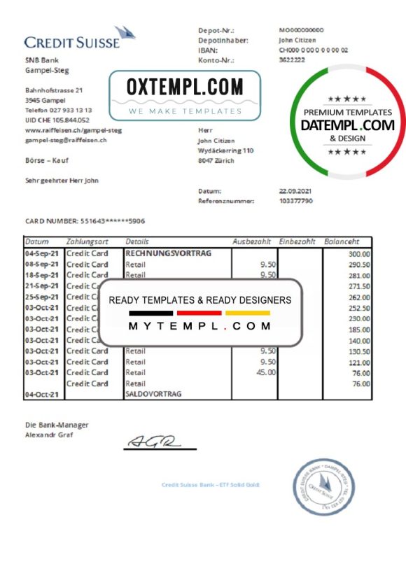 editable template, Switzerland Credit Suisse Bank statement easy to fill template in .xls and .pdf file format