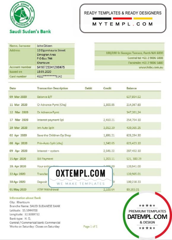 editable template, Sudan Saudi Sudanese Bank proof of address statement template in Word and PDF format